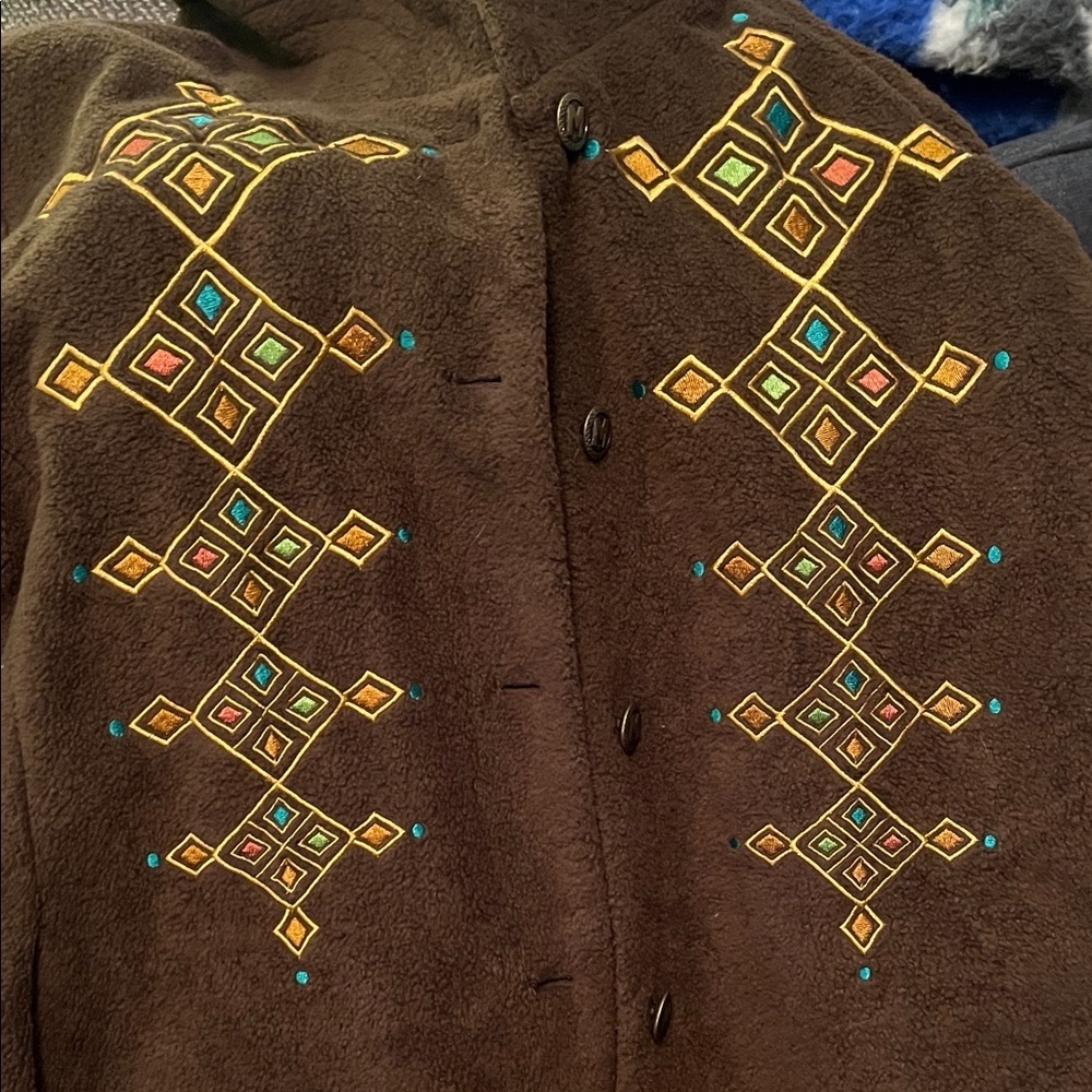 Bob Mockie Brown Jacket with Embroidered Patterns Wearable Art - Picture 8 of 9